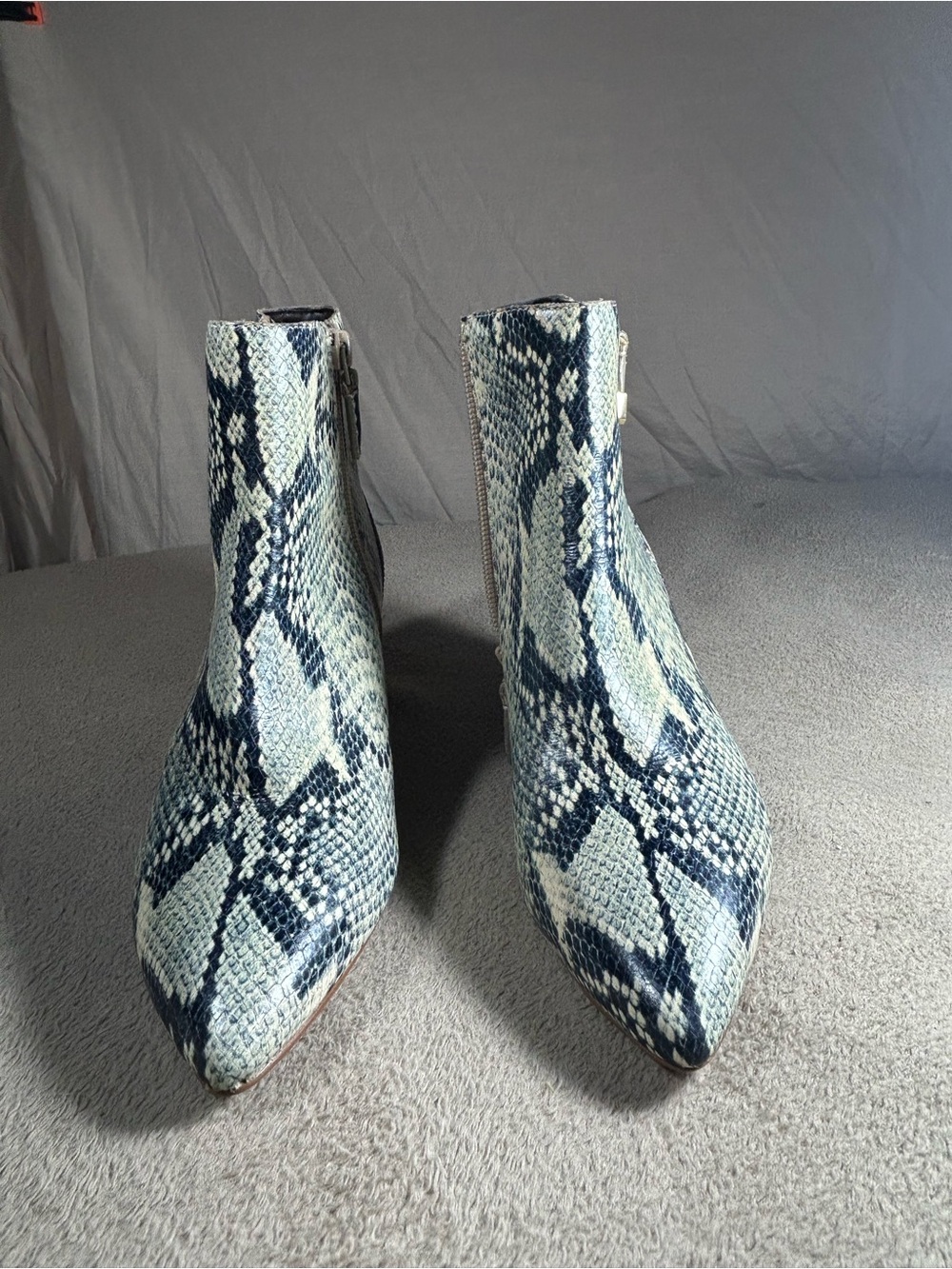 Cole Haan Blue & Gray Snake-Print Ankle Booties with Gold Zip 5.5 - Picture 2 of 10
